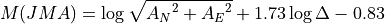 M(JMA) = \log \sqrt{{A_N}^2 + {A_E}^2} + 1.73 \log\Delta - 0.83